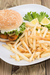 Fish Burger with Chips on a plate
