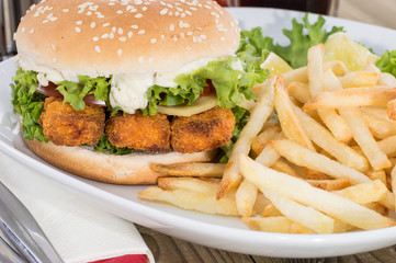 Fish Burger with Chips on a plate