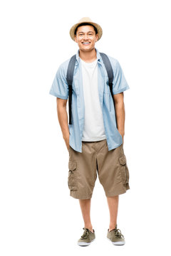 Attractive Asian Tourist Man Smiling On White Background