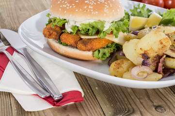 Fried Potatoes with Fish Burger