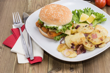 Fried Potatoes with Fish Burger