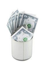 Dollar bills from tin can on white background.