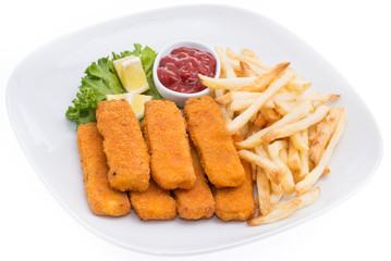 Fish Fingers with Chips isolated on white