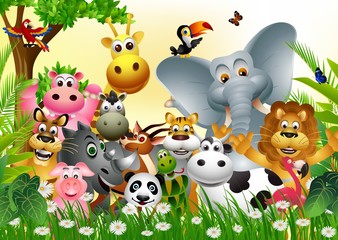 funny big set of animal cartoon with  tropical forest background