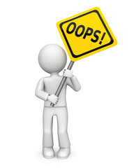 Cartoon figure with oops! sign