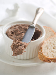 Chicken liver pate in ramekin, selective focus