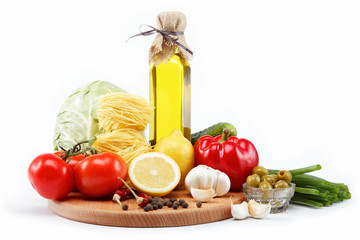 set fresh vegetables with olive oil isolated on white background