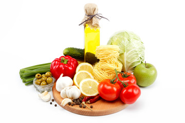 set fresh vegetables with olive oil isolated on white background