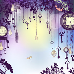Vintage background with with keys and clocks in dusk