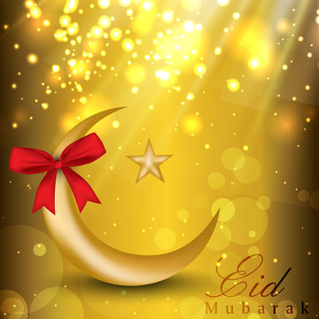 Eid Mubarak background with golden moon, star and red ribbon. EP