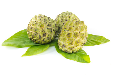 Custard apple  and leaves on white background