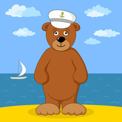 Teddy bear captain on sea coast
