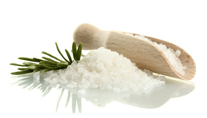 salt with fresh rosemary isolated on white