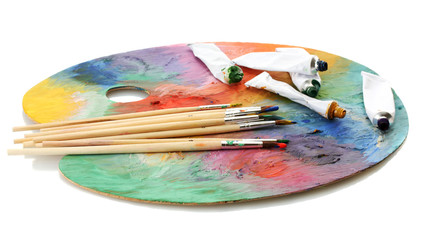 Fototapeta premium acrylic paint, paint tubes and brushes
