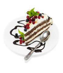 Piece of chocolate cake with chocolate glaze, whipped cream, wil