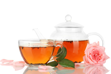 teapot and cup of tea with rose isolated on white