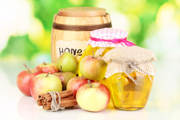 Honey and apples with cinnamon on natural background