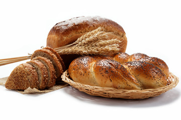 Fresh breads for a variety isolated on white.
