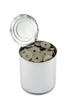 Ancient coin in tin can on white background.