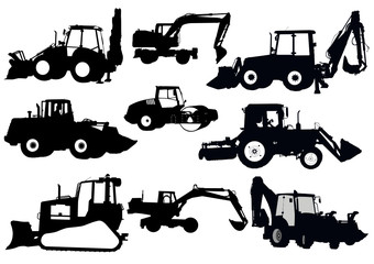 Set of 9 (nine) silhouettes of a tractors of road service