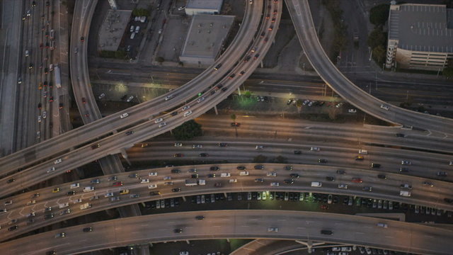 Aerial view of freeways with traffic, USA