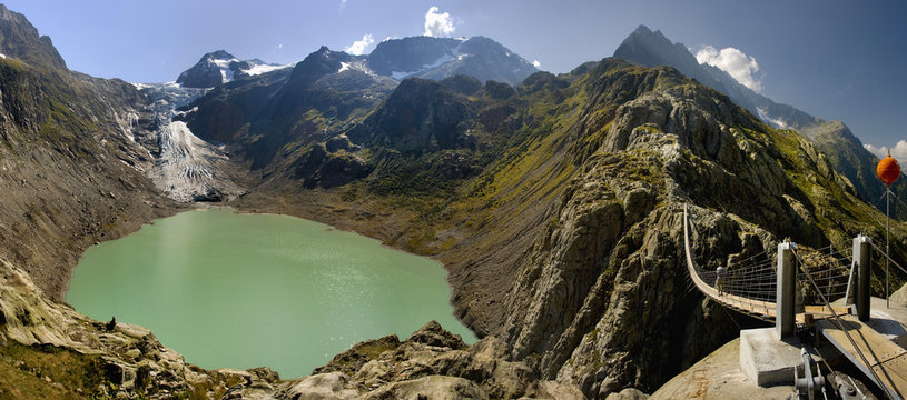 Trift suspension bridge, Alps, Switzerland, Europe Glacial Lake