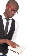 man holding and point to a book