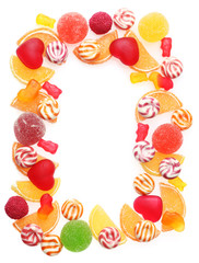 frame of colorful jelly candies isolated on white