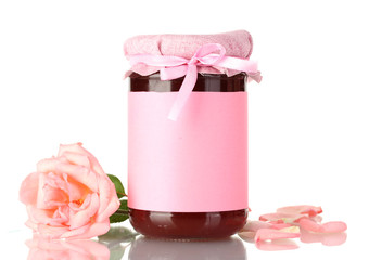 jar with rose jam and flower isolated on white