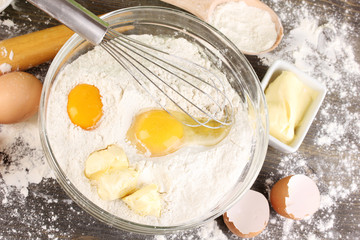 Eggs, flour and butter close-up