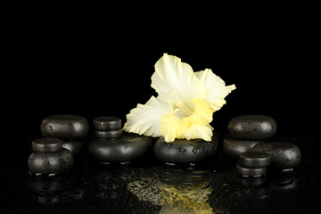 Spa stones with gladiolus bud isolated on black