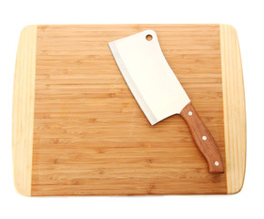 meat cleaver on cutting board isolated on white