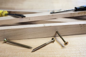 Screws and screw-driver on construction background