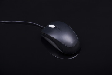 black computer mouse in black background with reflection