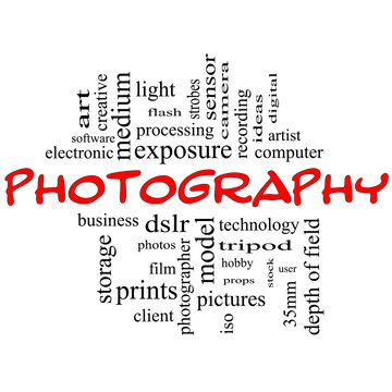 Photography word cloud concept black and red