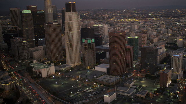 Aerial city view of traffic at dusk, Los Angeles, USA