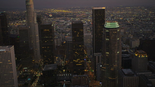 Aerial city view at dusk of  downtown Los Angeles, USA