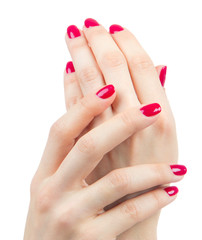 Beautiful Female Hands red manicure shellac  near face