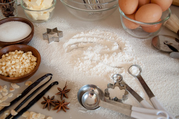Baking ingredients with utensils