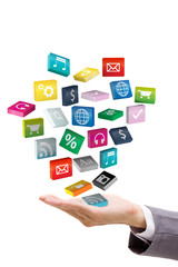 hand holding cloud of colorful application