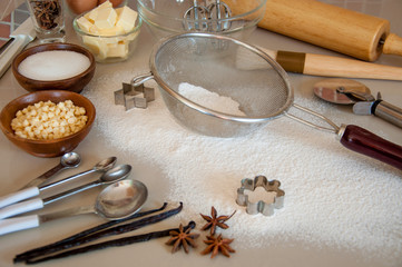 Baking ingredients with utensils