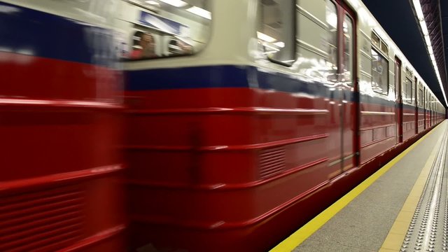 Subway arriving at station Swietokrzyska in Warsaw, Poland