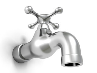 Metallic shiny water tap on white background