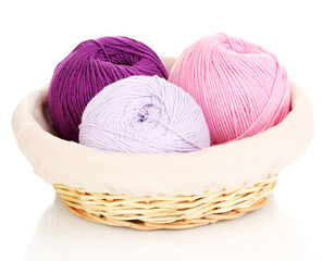 Knitting yarn in basket isolated on white