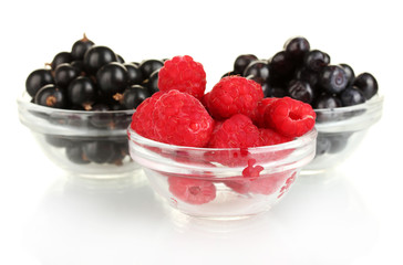 Fresh berries in transparent bowls isolated on white
