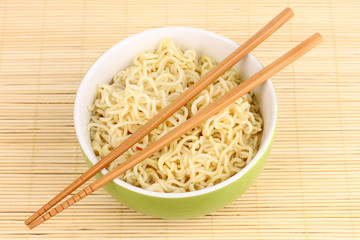 asian noodles in bowl on bamboo mat