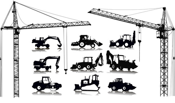 Set of 9 (nine) silhouettes of tractors and 2 (two) cranes