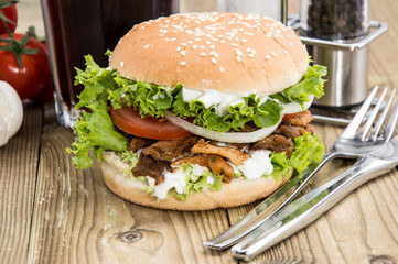 Fresh Kebab Burger on wood
