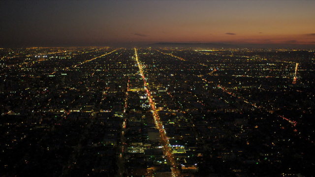 Aerial view of night traffic in suburbs, Los Angeles, USA
