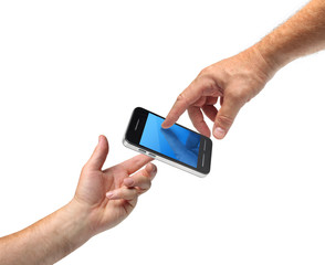 Two hands reaching smartphone